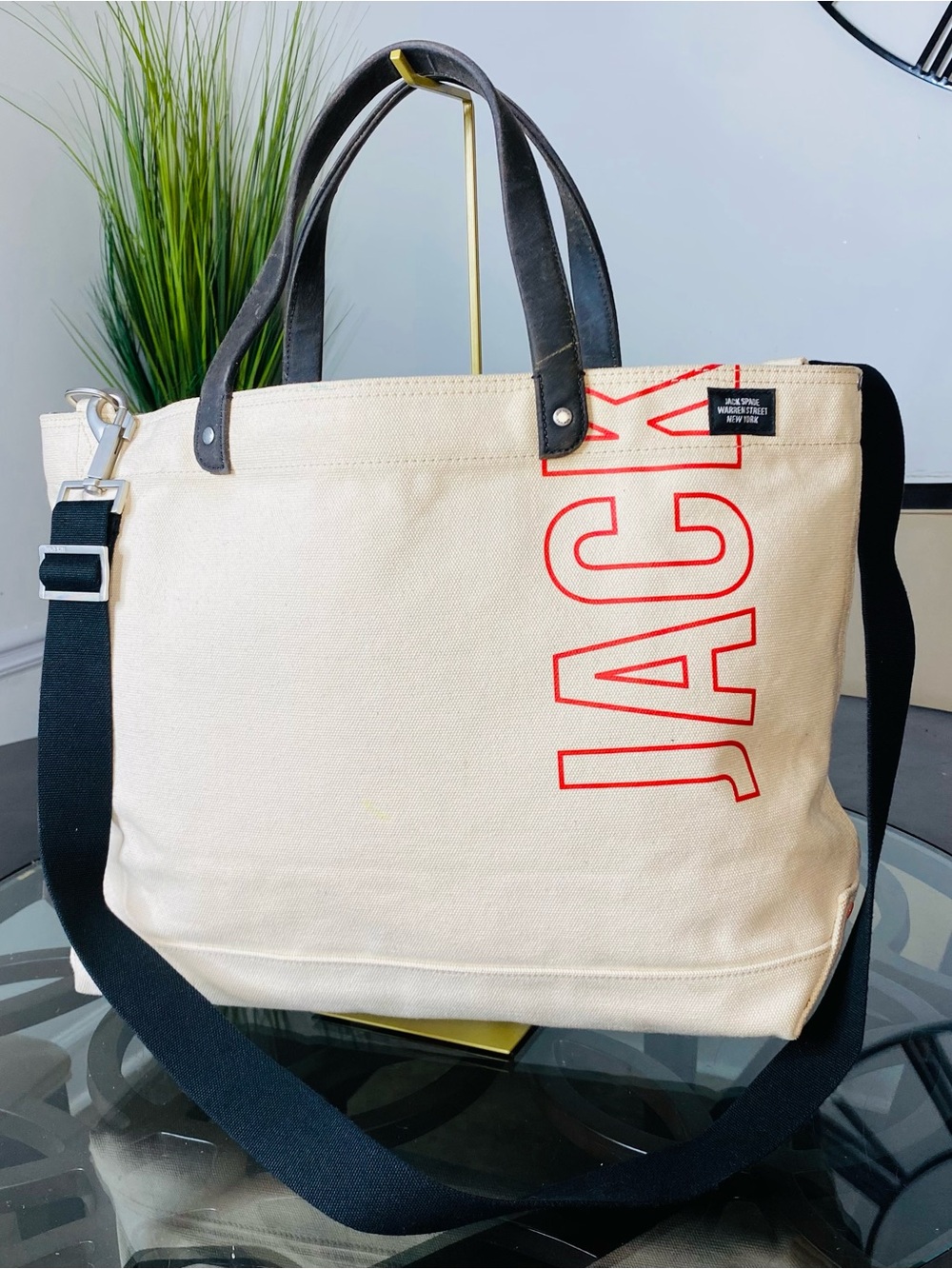 Jack Spade Canvas Dipped Coal Tote Bag Cream White Red JACK Crossbody